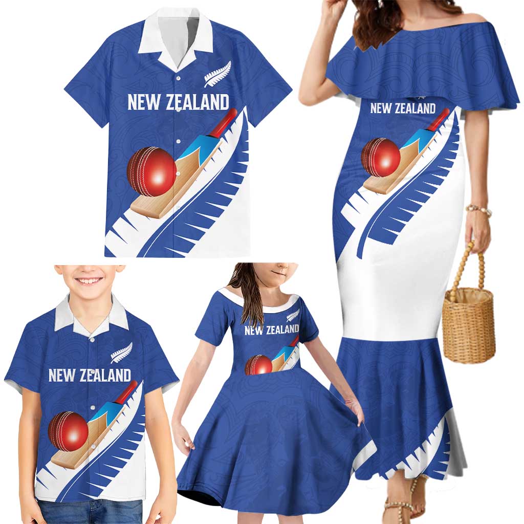 Custom New Zealand Cricket Family Matching Mermaid Dress and Hawaiian Shirt Kiwi Birds Haka Dance Blue Fern Sporty Style