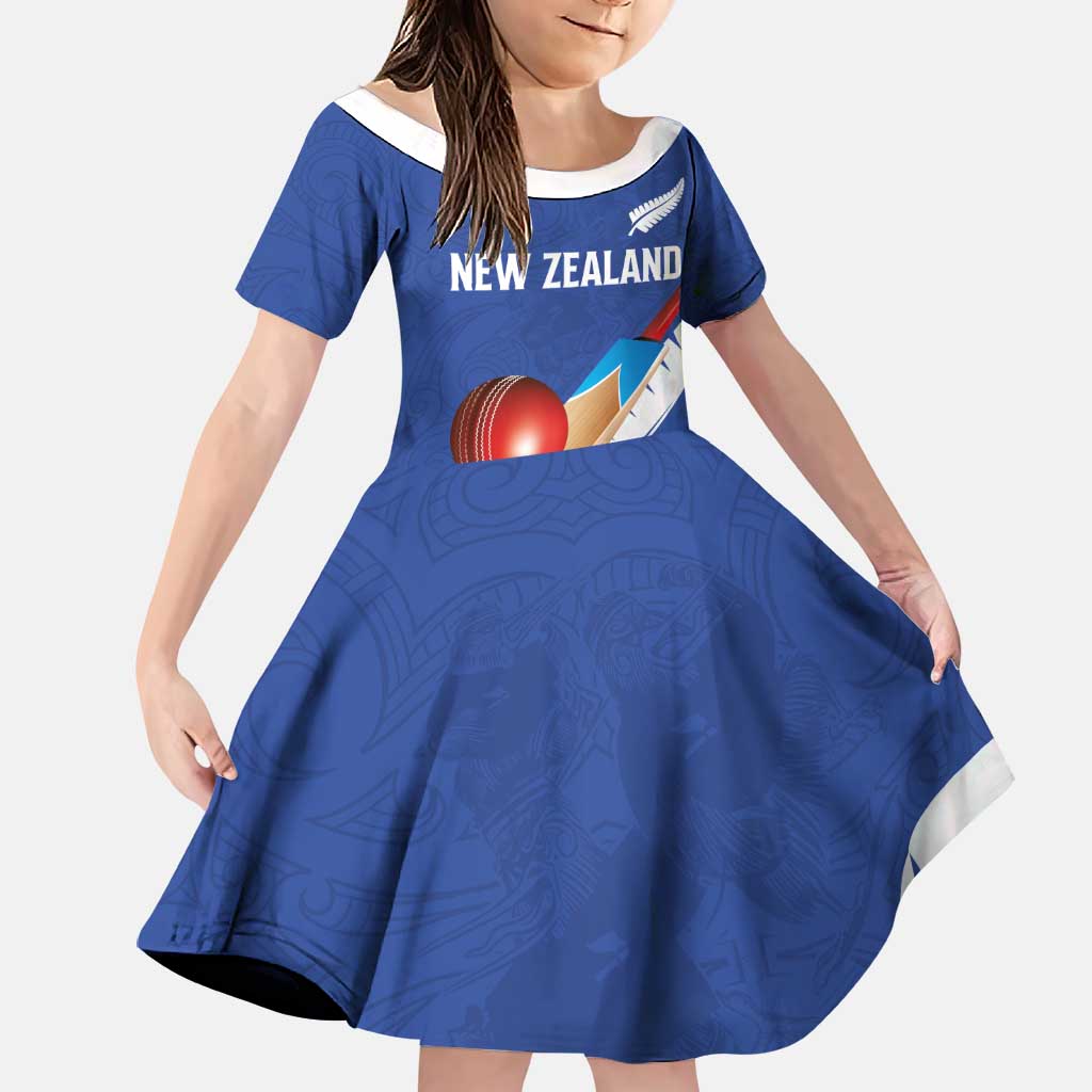 Custom New Zealand Cricket Family Matching Off Shoulder Maxi Dress and Hawaiian Shirt Kiwi Birds Haka Dance Blue Fern Sporty Style LT03 Daughter's Dress Blue - Polynesian Pride