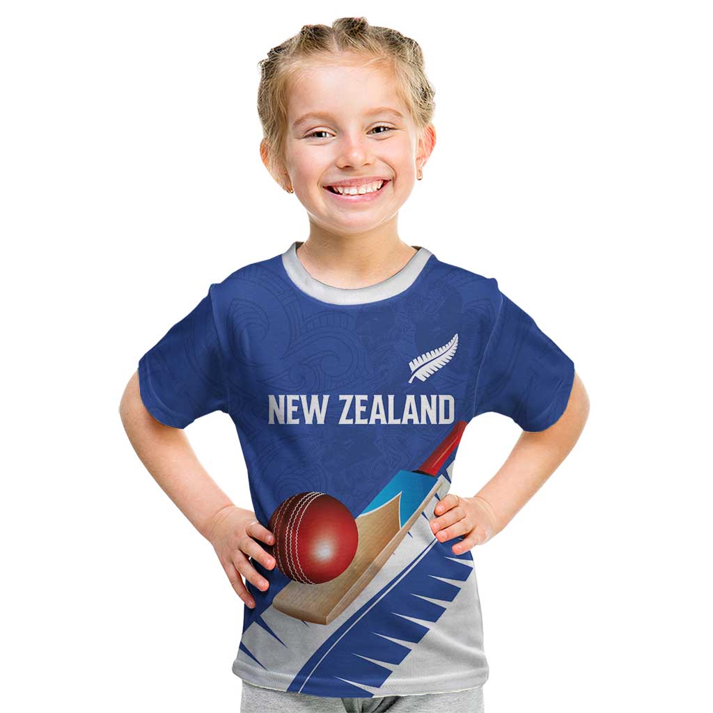 Custom New Zealand Cricket Kid T Shirt Kiwi Birds Haka Dance Blue Fern Sporty Style