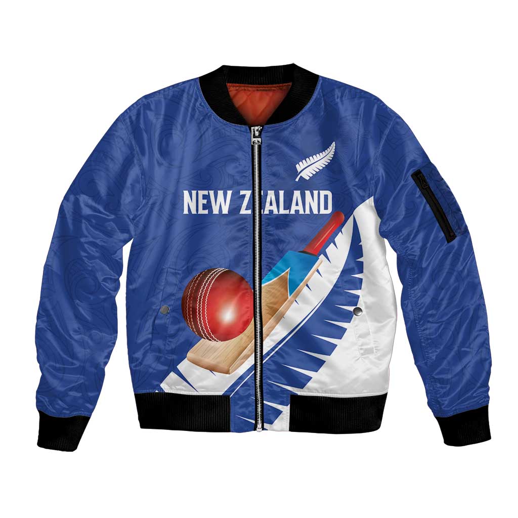 Custom New Zealand Cricket Sleeve Zip Bomber Jacket Kiwi Birds Haka Dance Blue Fern Sporty Style