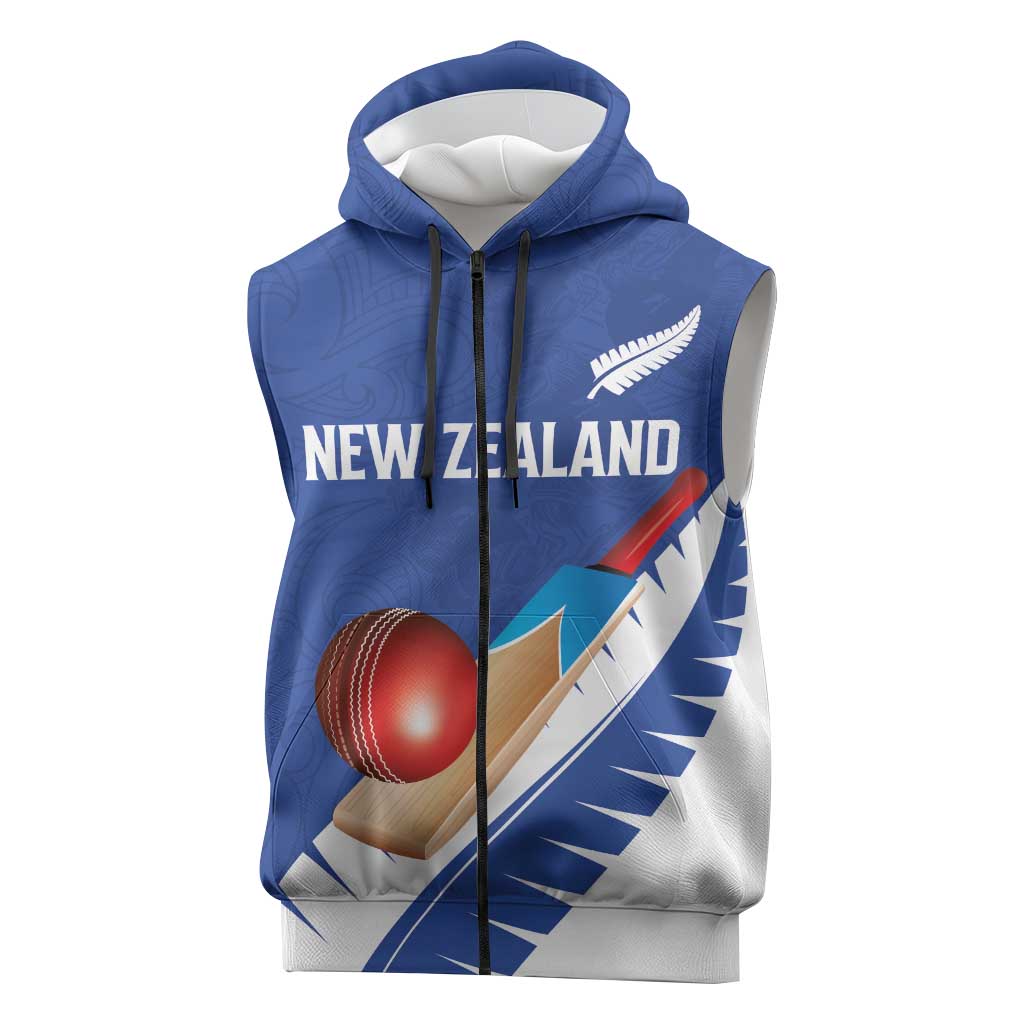 Custom New Zealand Cricket Sleeveless Zip Hoodie Kiwi Birds Haka Dance Blue Fern Sporty Style