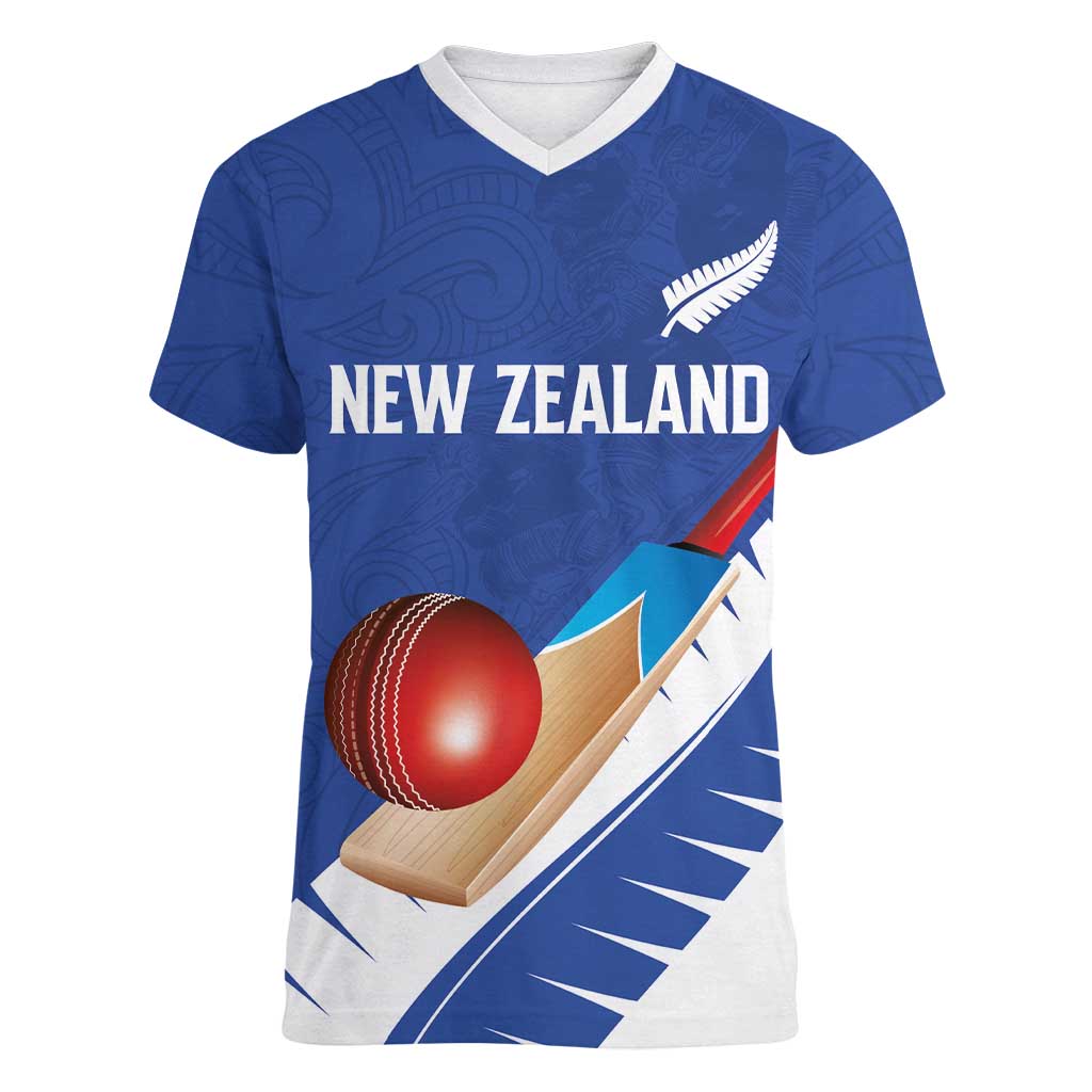 Custom New Zealand Cricket Women V-Neck T-Shirt Kiwi Birds Haka Dance Blue Fern Sporty Style