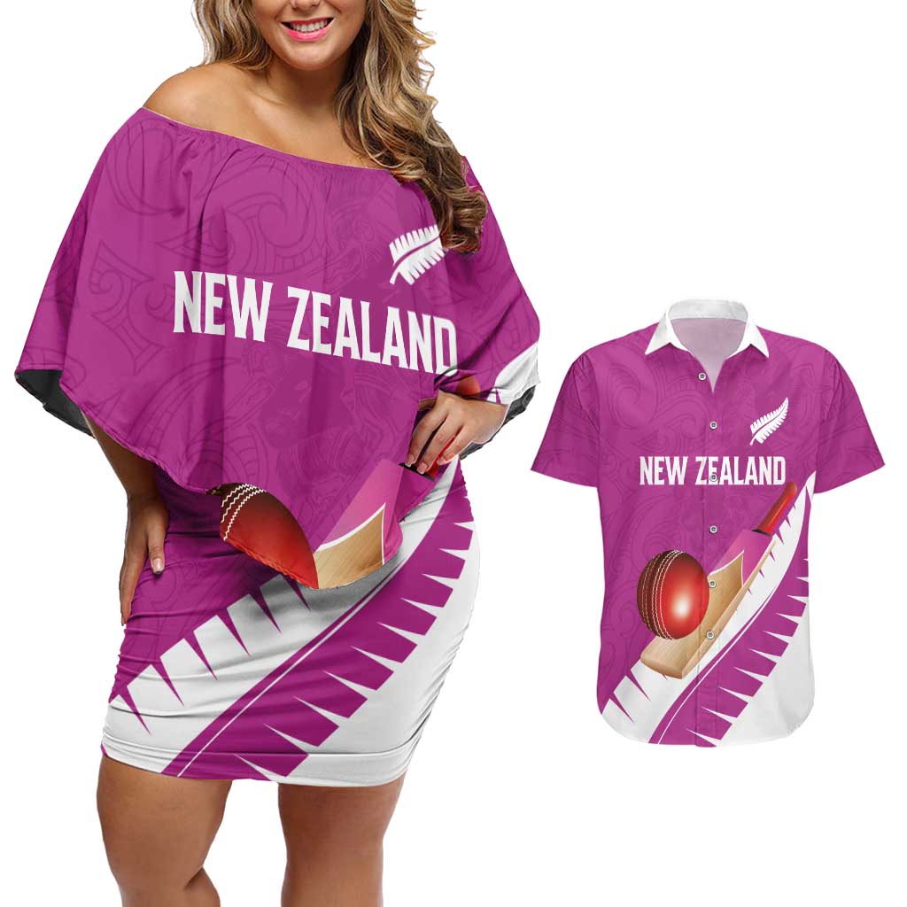 Custom New Zealand Cricket Couples Matching Off Shoulder Short Dress and Hawaiian Shirt Kiwi Birds Haka Dance Pink Fern Sporty Style