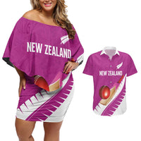Custom New Zealand Cricket Couples Matching Off Shoulder Short Dress and Hawaiian Shirt Kiwi Birds Haka Dance Pink Fern Sporty Style
