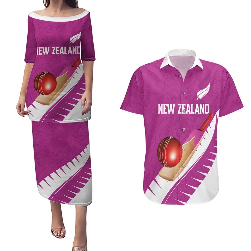 Custom New Zealand Cricket Couples Matching Puletasi and Hawaiian Shirt Kiwi Birds Haka Dance Pink Fern Sporty Style