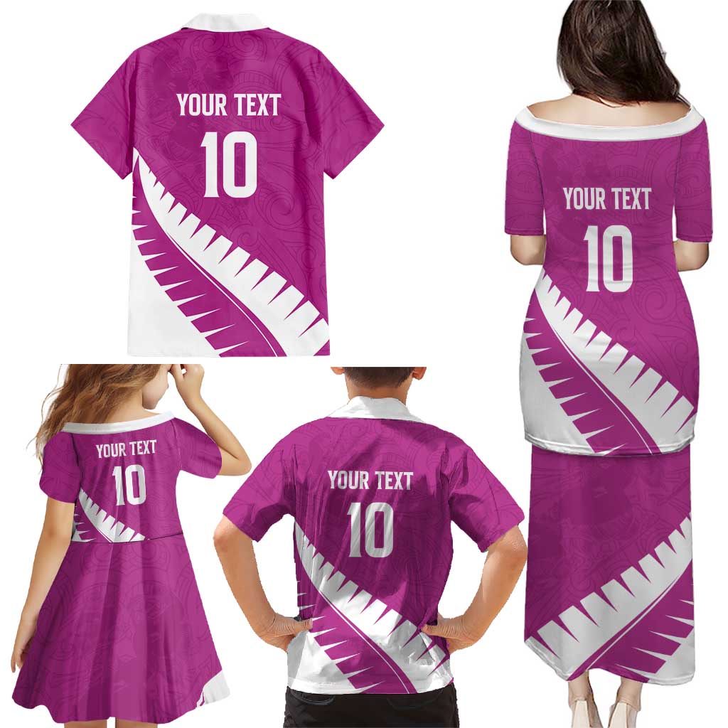 Custom New Zealand Cricket Family Matching Puletasi and Hawaiian Shirt Kiwi Birds Haka Dance Pink Fern Sporty Style