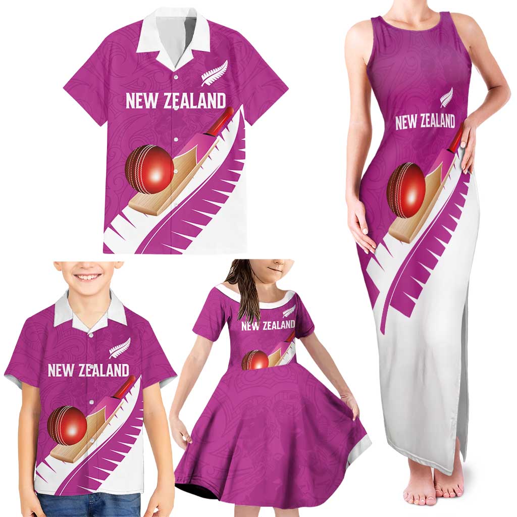 Custom New Zealand Cricket Family Matching Tank Maxi Dress and Hawaiian Shirt Kiwi Birds Haka Dance Pink Fern Sporty Style