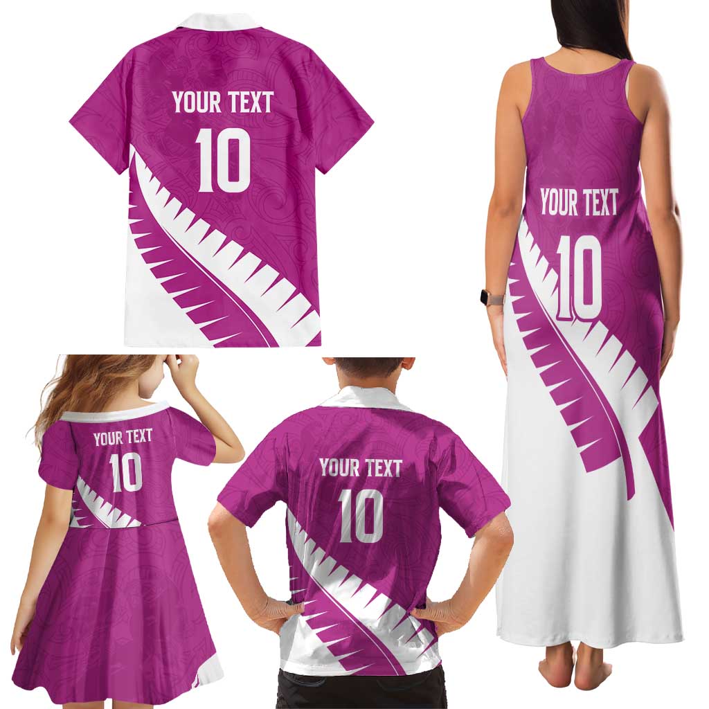 Custom New Zealand Cricket Family Matching Tank Maxi Dress and Hawaiian Shirt Kiwi Birds Haka Dance Pink Fern Sporty Style