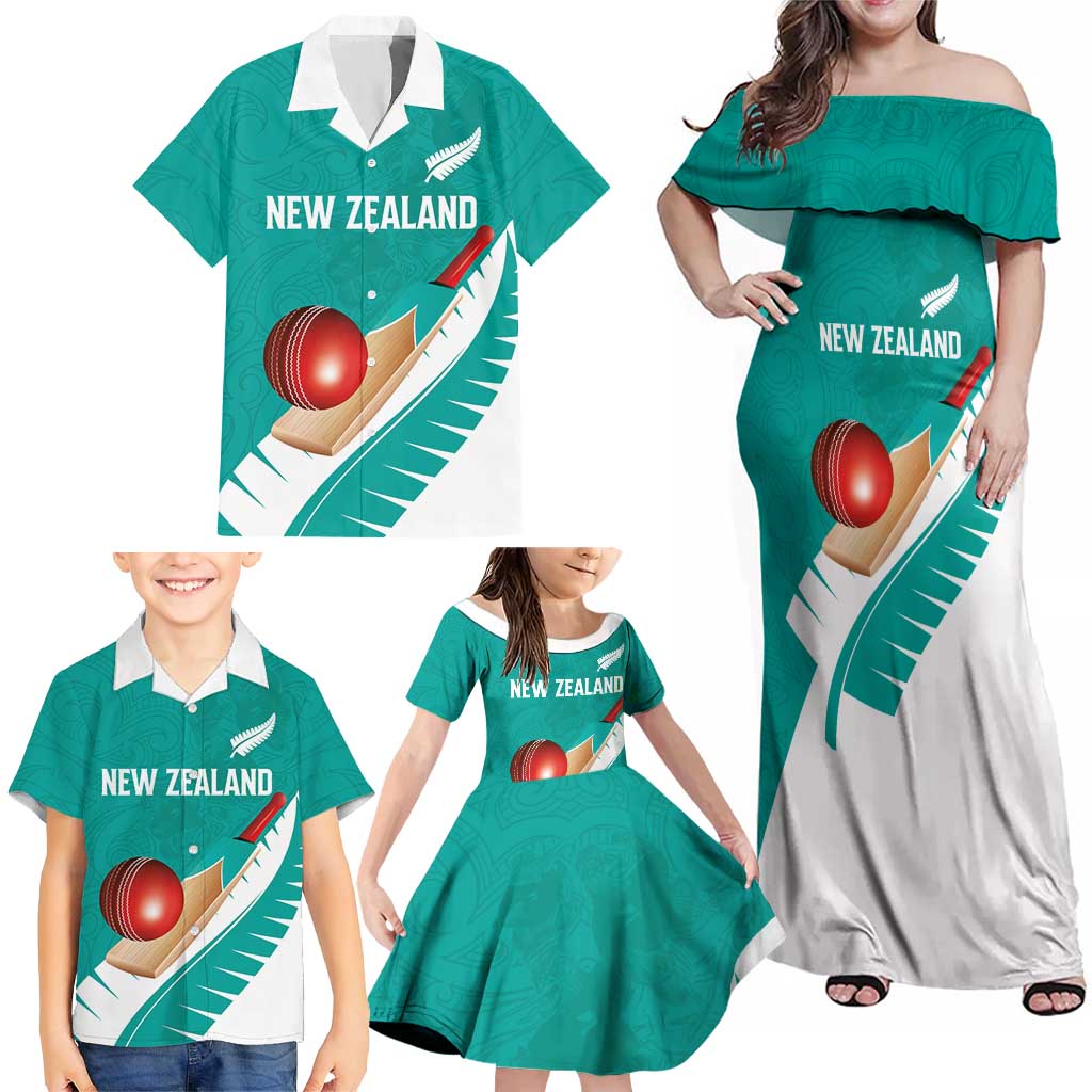 Custom New Zealand Cricket Family Matching Off Shoulder Maxi Dress and Hawaiian Shirt Kiwi Birds Haka Dance Turquoise Fern Sporty Style
