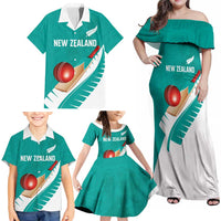 Custom New Zealand Cricket Family Matching Off Shoulder Maxi Dress and Hawaiian Shirt Kiwi Birds Haka Dance Turquoise Fern Sporty Style