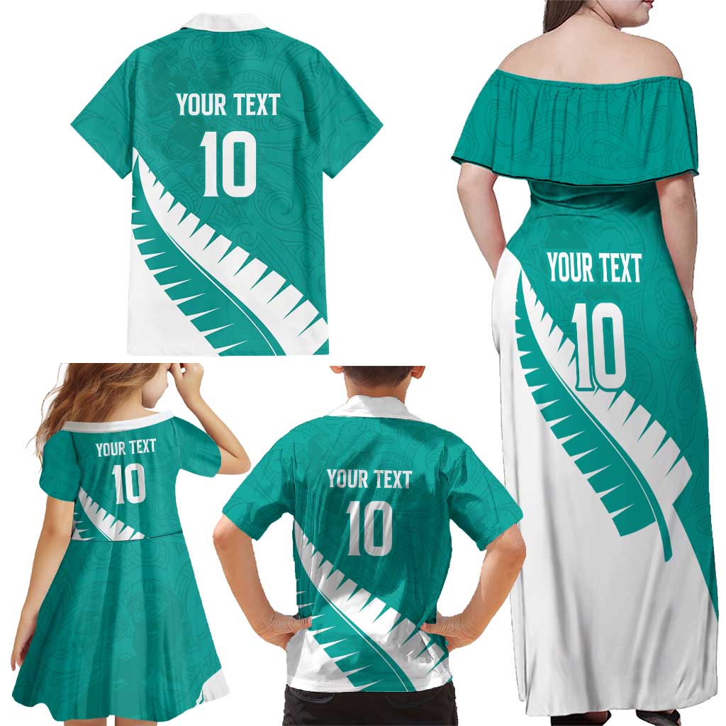 Custom New Zealand Cricket Family Matching Off Shoulder Maxi Dress and Hawaiian Shirt Kiwi Birds Haka Dance Turquoise Fern Sporty Style