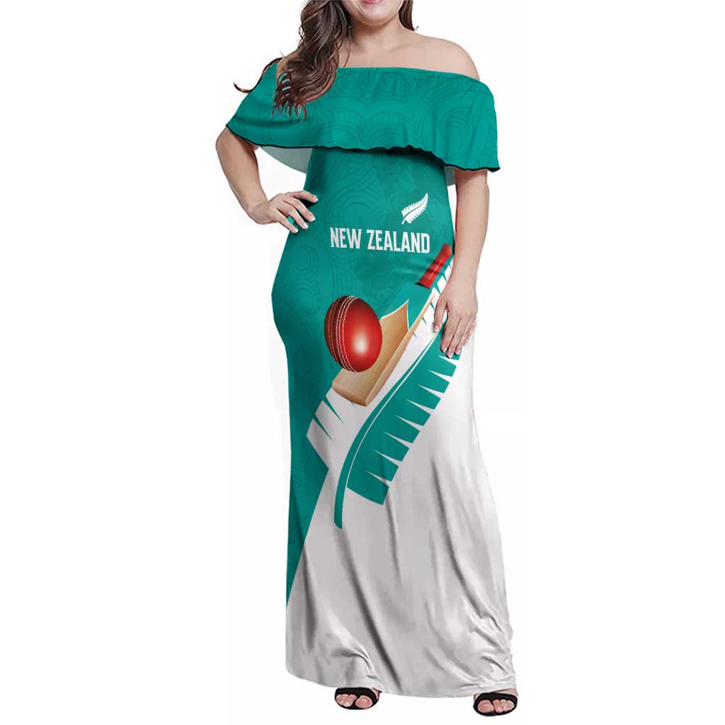 Custom New Zealand Cricket Family Matching Off Shoulder Maxi Dress and Hawaiian Shirt Kiwi Birds Haka Dance Turquoise Fern Sporty Style