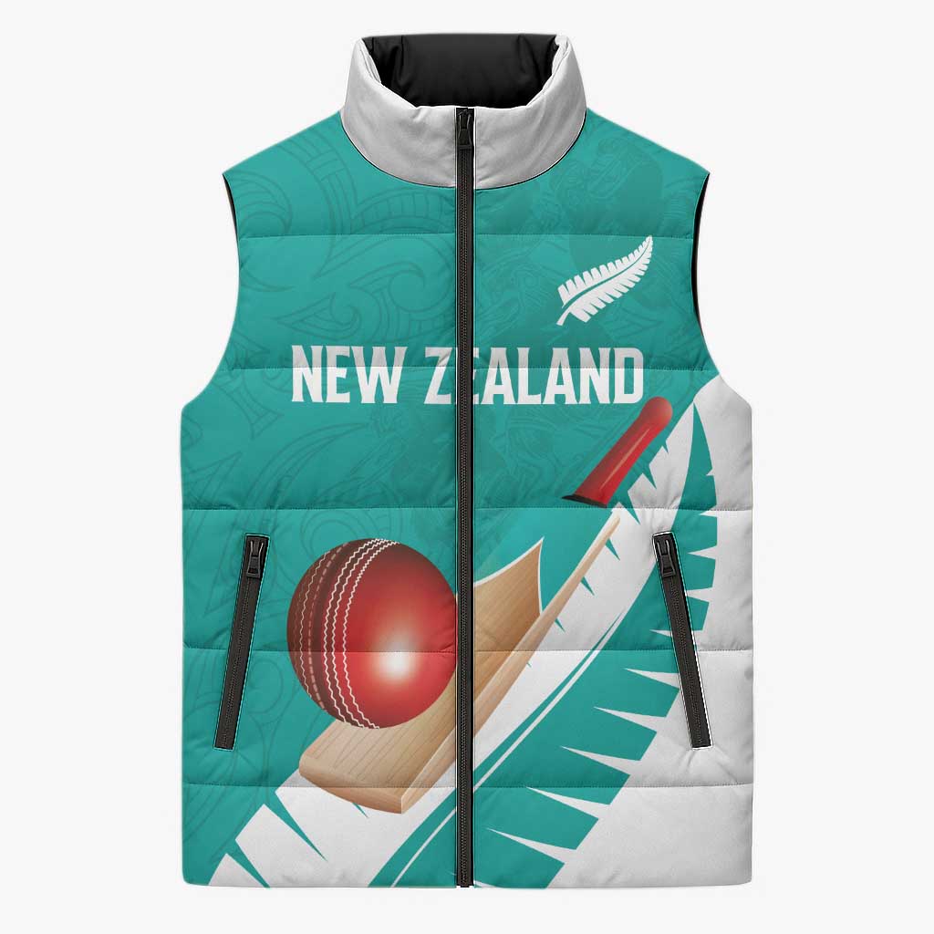 Custom New Zealand Cricket Sleeveless Puffer Jacket Kiwi Birds Haka Dance Turquoise Fern Sporty Style