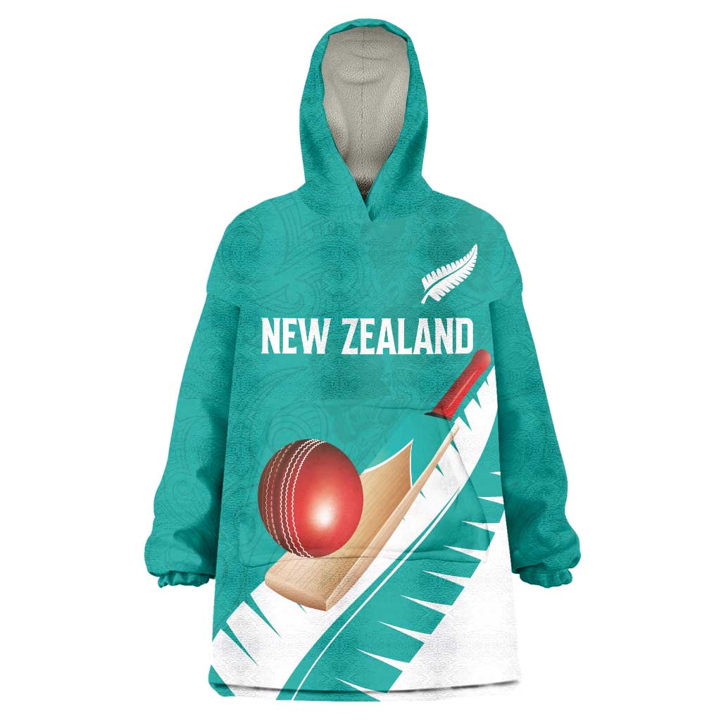 Custom New Zealand Cricket Wearable Blanket Hoodie Kiwi Birds Haka Dance Turquoise Fern Sporty Style