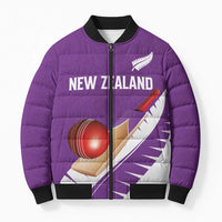 Custom New Zealand Cricket Bomber Puffer Jacket Kiwi Birds Haka Dance Purple Fern Sporty Style
