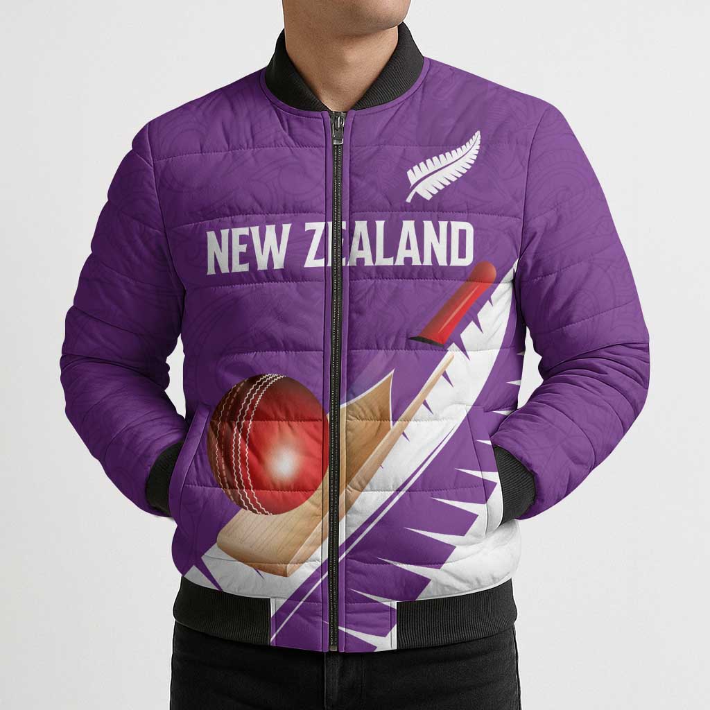 Custom New Zealand Cricket Bomber Puffer Jacket Kiwi Birds Haka Dance Purple Fern Sporty Style
