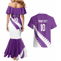 Custom New Zealand Cricket Couples Matching Mermaid Dress and Hawaiian Shirt Kiwi Birds Haka Dance Purple Fern Sporty Style
