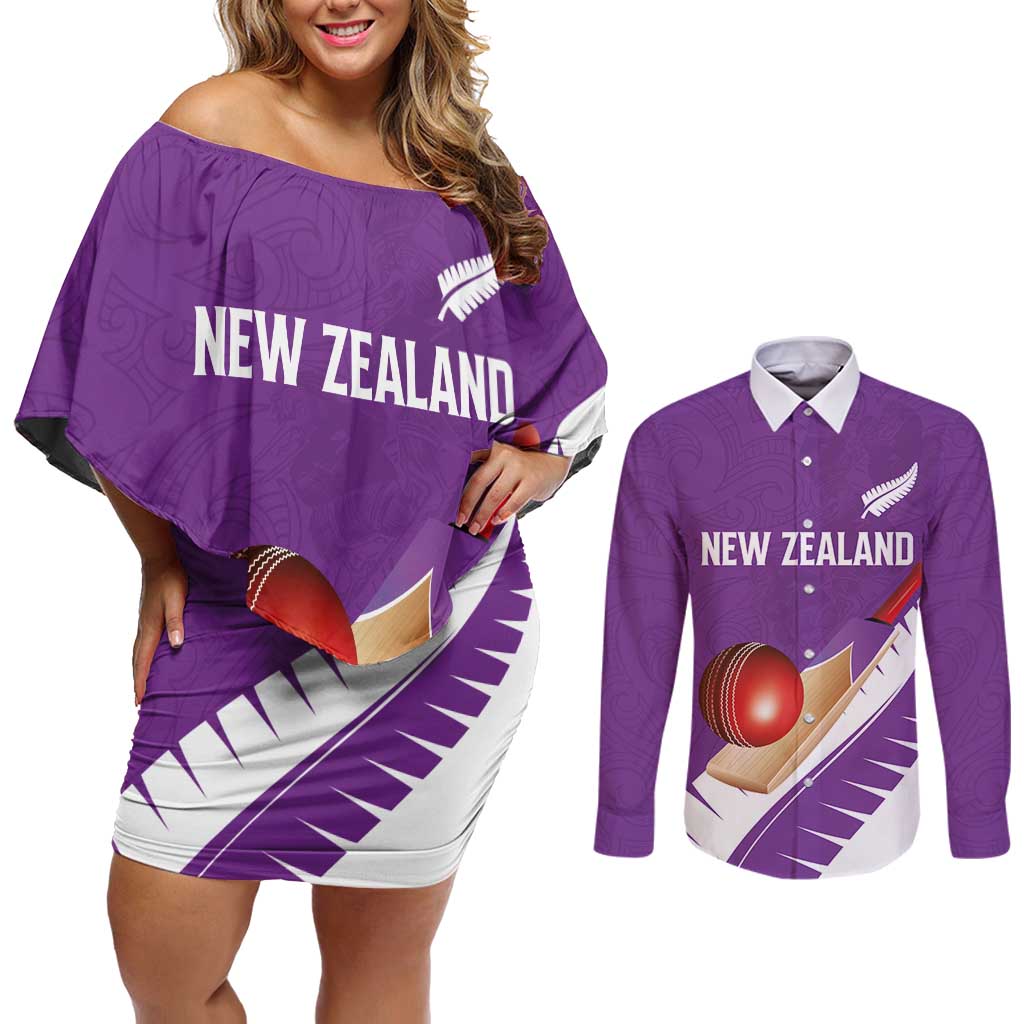 Custom New Zealand Cricket Couples Matching Off Shoulder Short Dress and Long Sleeve Button Shirt Kiwi Birds Haka Dance Purple Fern Sporty Style