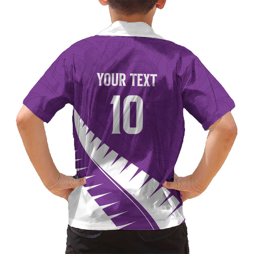 Custom New Zealand Cricket Family Matching Off The Shoulder Long Sleeve Dress and Hawaiian Shirt Kiwi Birds Haka Dance Purple Fern Sporty Style LT03 - Polynesian Pride