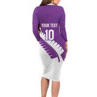 Custom New Zealand Cricket Long Sleeve Bodycon Dress Kiwi Birds Haka Dance Purple Fern Sporty Style