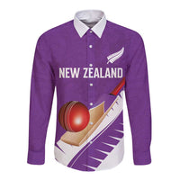 Custom New Zealand Cricket Long Sleeve Button Shirt Kiwi Birds Haka Dance Purple Fern Sporty Style