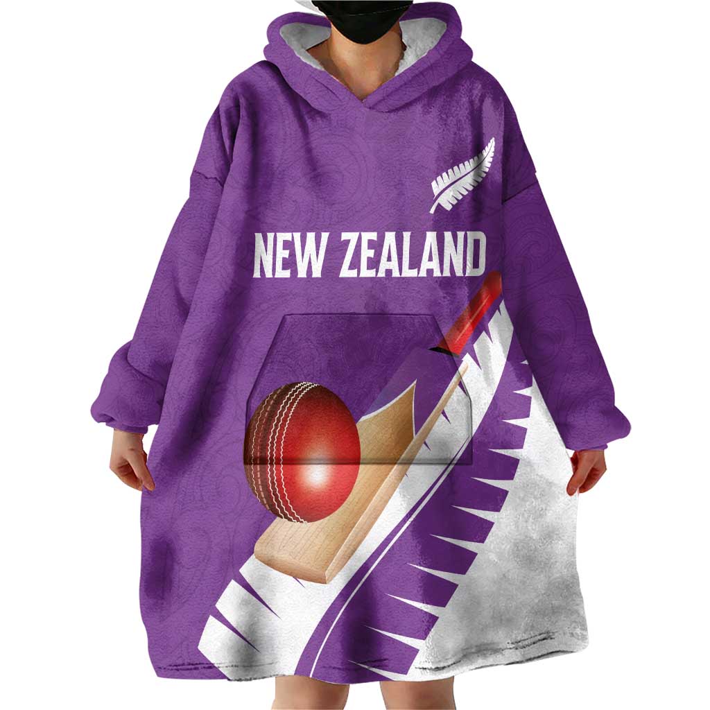 Custom New Zealand Cricket Wearable Blanket Hoodie Kiwi Birds Haka Dance Purple Fern Sporty Style