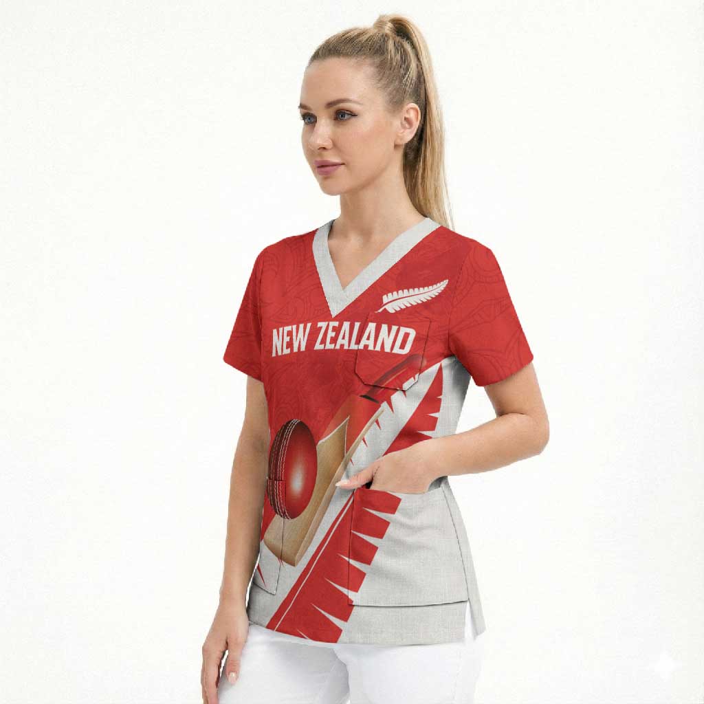Custom New Zealand Cricket Scrub Top Kiwi Birds Haka Dance Red Fern Sporty Style