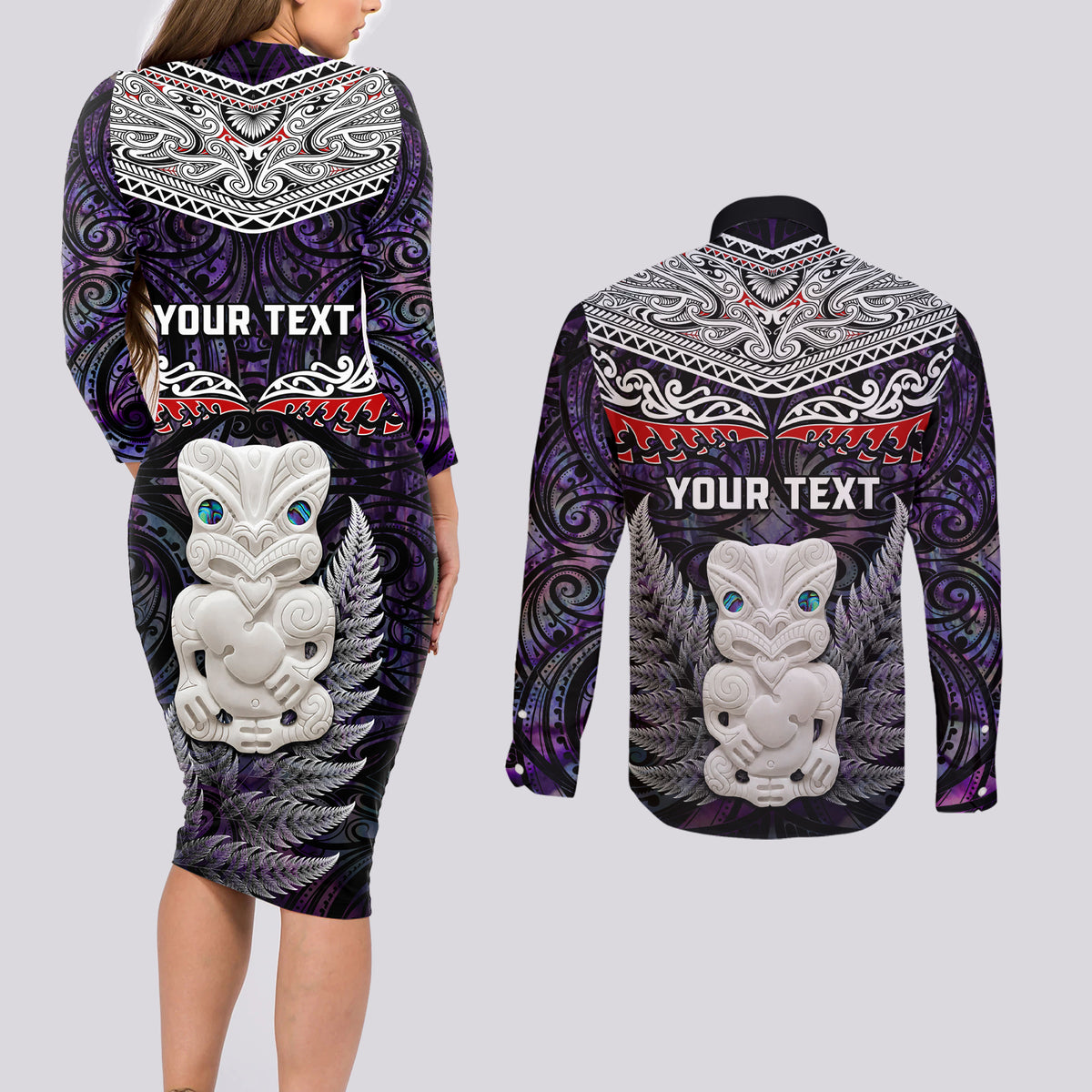 New Zealand Hei Tiki Couples Matching Long Sleeve Bodycon Dress and Long Sleeve Button Shirt Maori Purple Papua Shell Pattern LT03 - Polynesian Pride