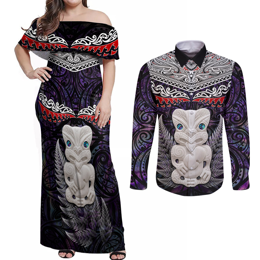 New Zealand Hei Tiki Couples Matching Off Shoulder Maxi Dress and Long Sleeve Button Shirt Maori Purple Papua Shell Pattern LT03 Purple - Polynesian Pride