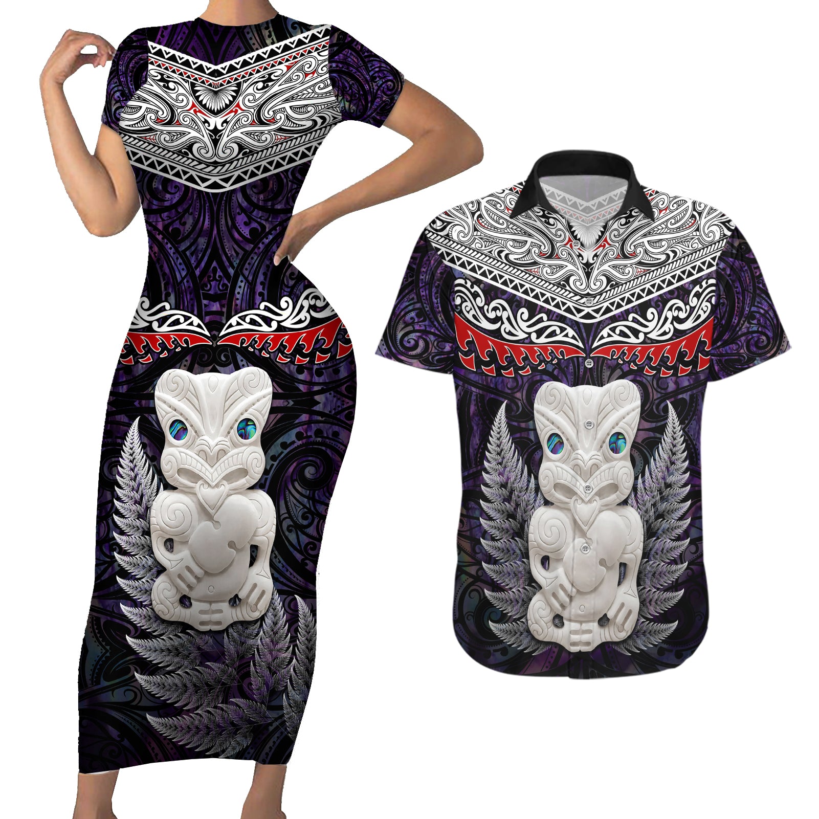 New Zealand Hei Tiki Couples Matching Short Sleeve Bodycon Dress and Hawaiian Shirt Maori Purple Papua Shell Pattern LT03 Purple - Polynesian Pride