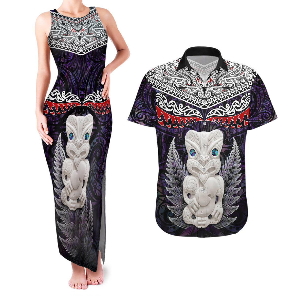 New Zealand Hei Tiki Couples Matching Tank Maxi Dress and Hawaiian Shirt Maori Purple Papua Shell Pattern LT03 Purple - Polynesian Pride