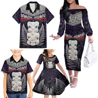 New Zealand Hei Tiki Family Matching Off Shoulder Long Sleeve Dress and Hawaiian Shirt Maori Purple Papua Shell Pattern LT03 - Polynesian Pride