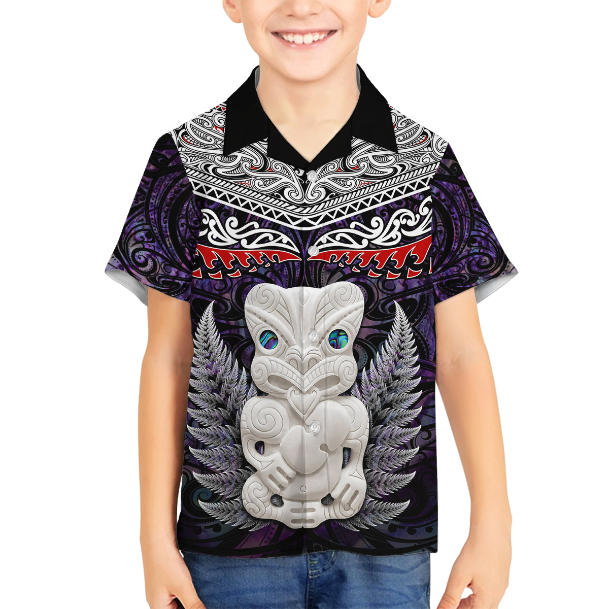 New Zealand Hei Tiki Family Matching Off Shoulder Long Sleeve Dress and Hawaiian Shirt Maori Purple Papua Shell Pattern LT03 Son's Shirt Purple - Polynesian Pride