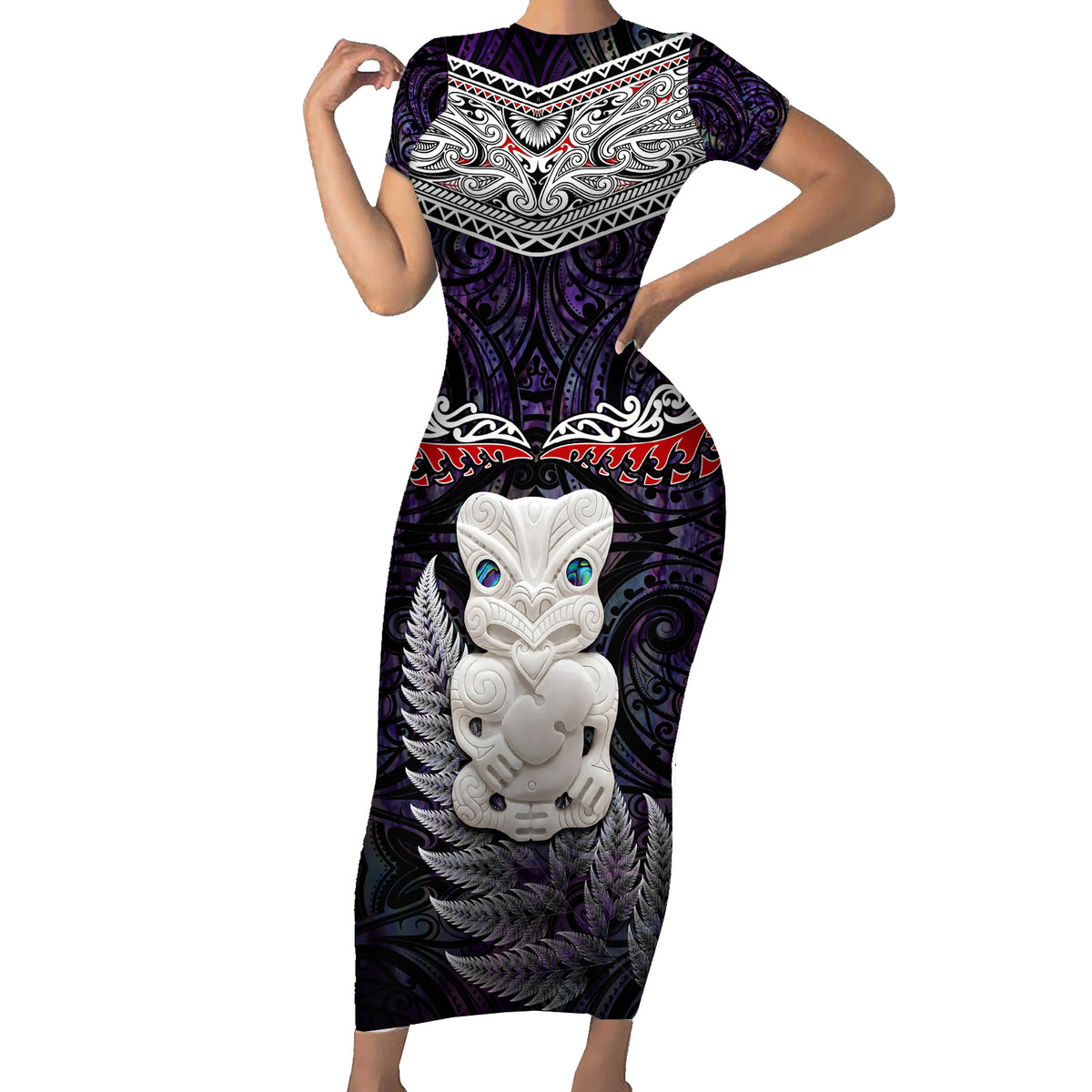 New Zealand Hei Tiki Short Sleeve Bodycon Dress Maori Purple Papua Shell Pattern LT03 Long Dress Purple - Polynesian Pride