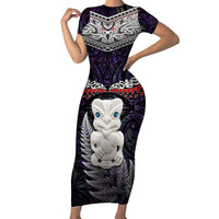 New Zealand Hei Tiki Short Sleeve Bodycon Dress Maori Purple Papua Shell Pattern LT03 Long Dress Purple - Polynesian Pride