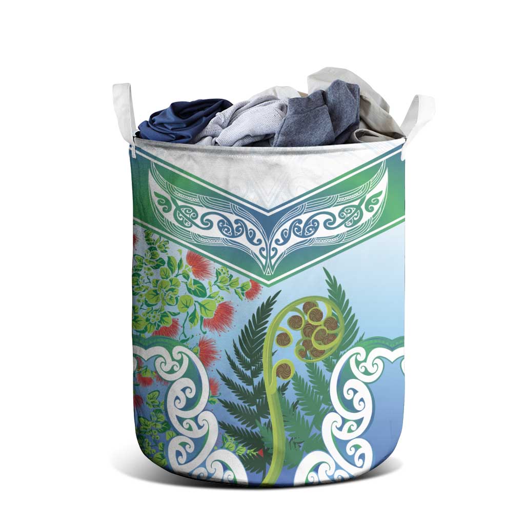 Aotearoa New Zealand Natural Plants Laundry Basket Pohutukawa with Silver Ferns Koru Frond Maori Tattoos LT03 - Polynesian Pride