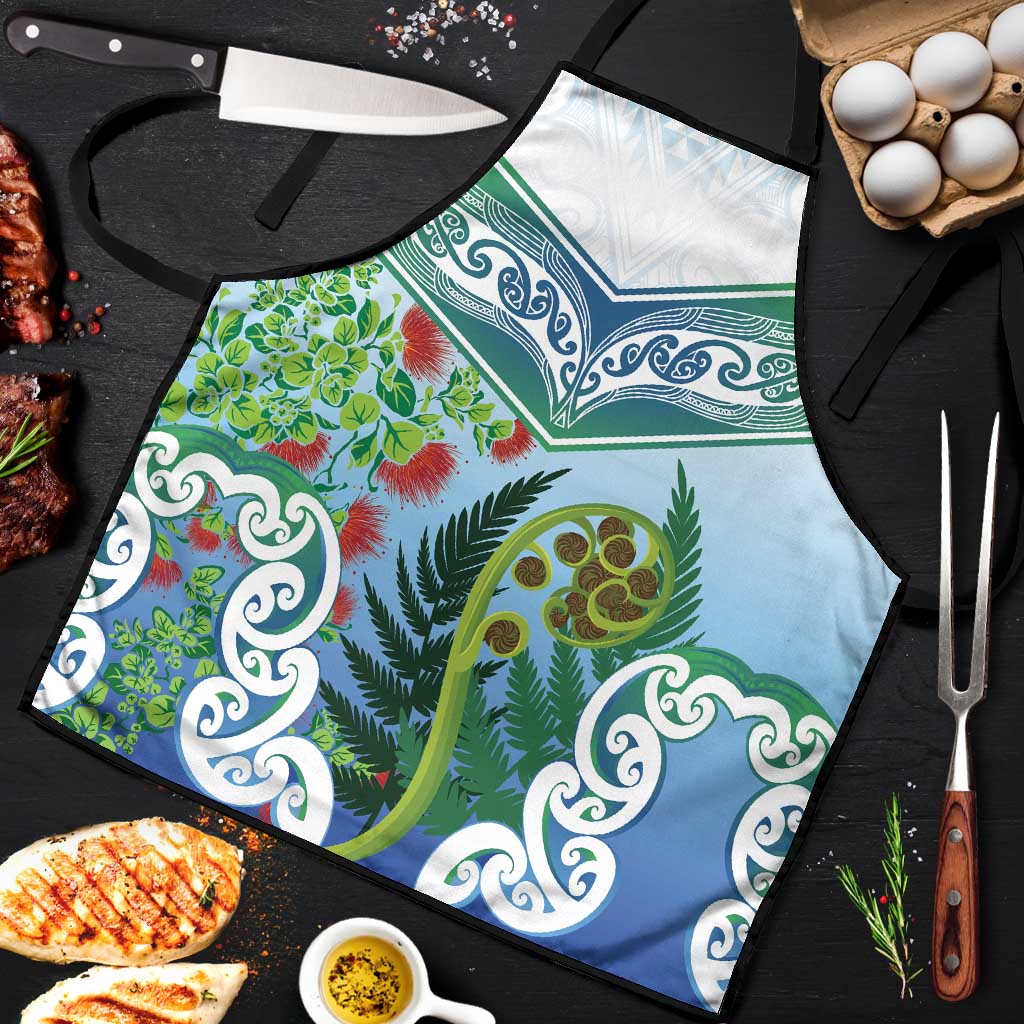 Aotearoa New Zealand Natural Plants Apron Pohutukawa with Silver Ferns Koru Frond Maori Tattoos LT03 Multicolor - Polynesian Pride