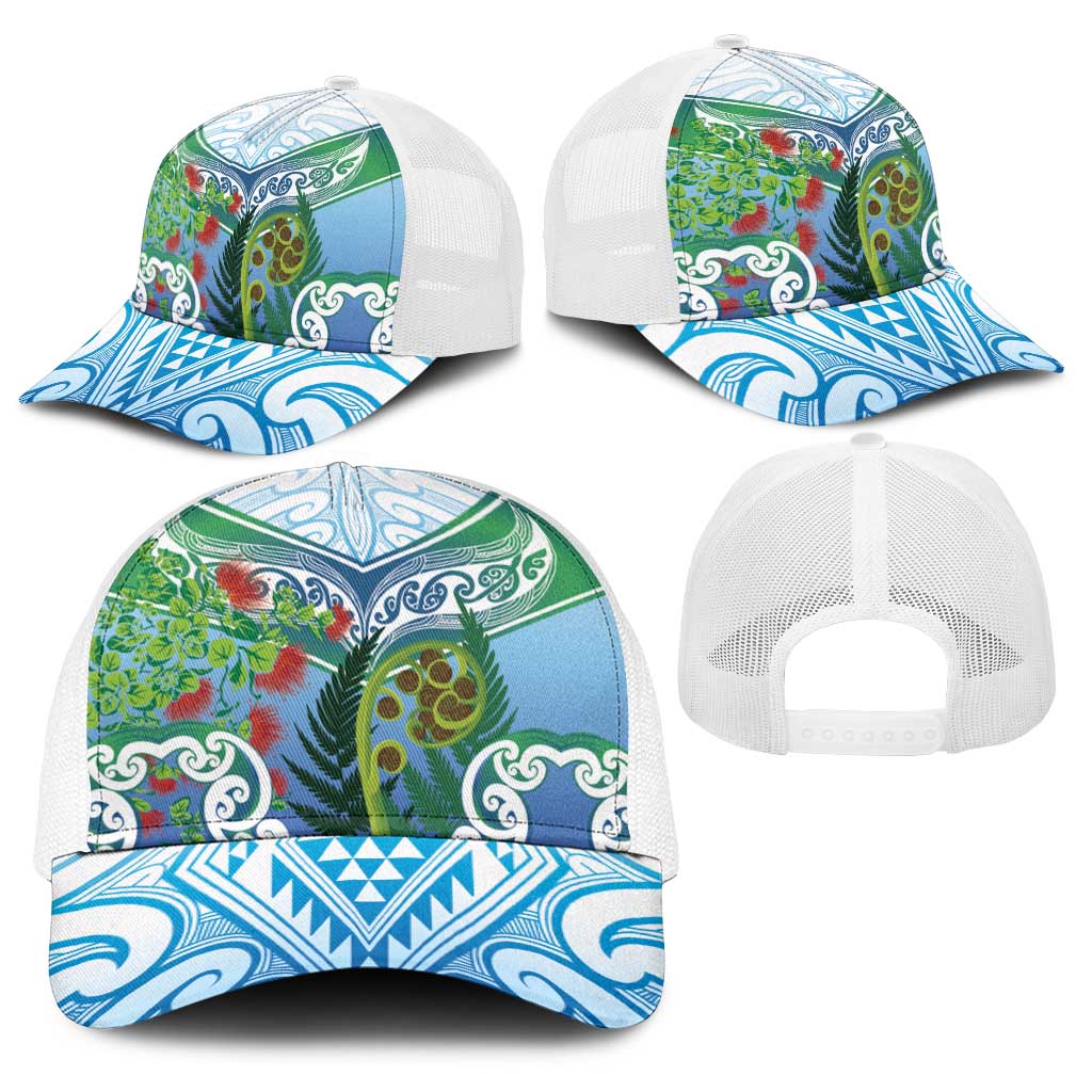 Aotearoa New Zealand Natural Plants Baseball Net Cap Pohutukawa with Silver Ferns Koru Frond Maori Tattoos LT03 - Polynesian Pride