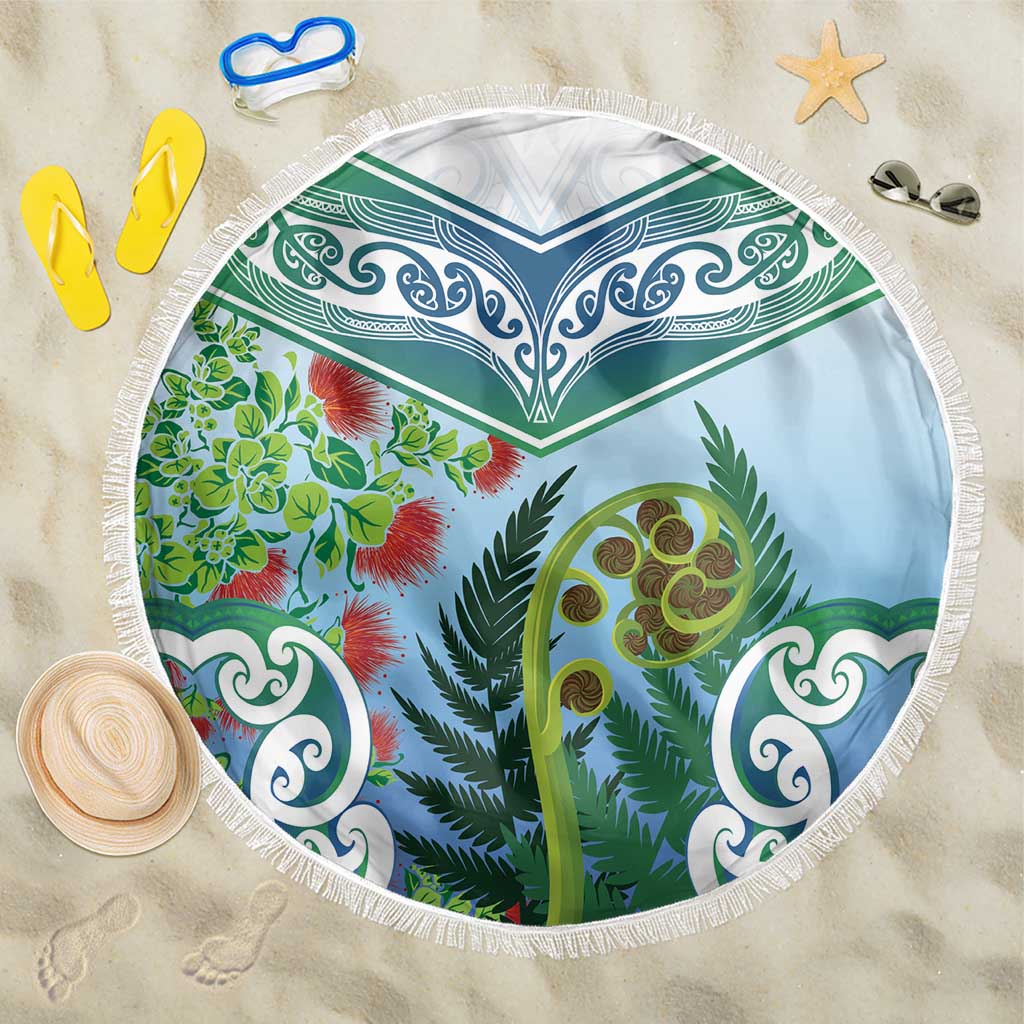 Aotearoa New Zealand Natural Plants Beach Blanket Pohutukawa with Silver Ferns Koru Frond Maori Tattoos LT03 One Size 150cm Multicolor - Polynesian Pride