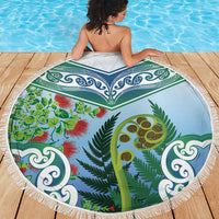 Aotearoa New Zealand Natural Plants Beach Blanket Pohutukawa with Silver Ferns Koru Frond Maori Tattoos LT03 - Polynesian Pride