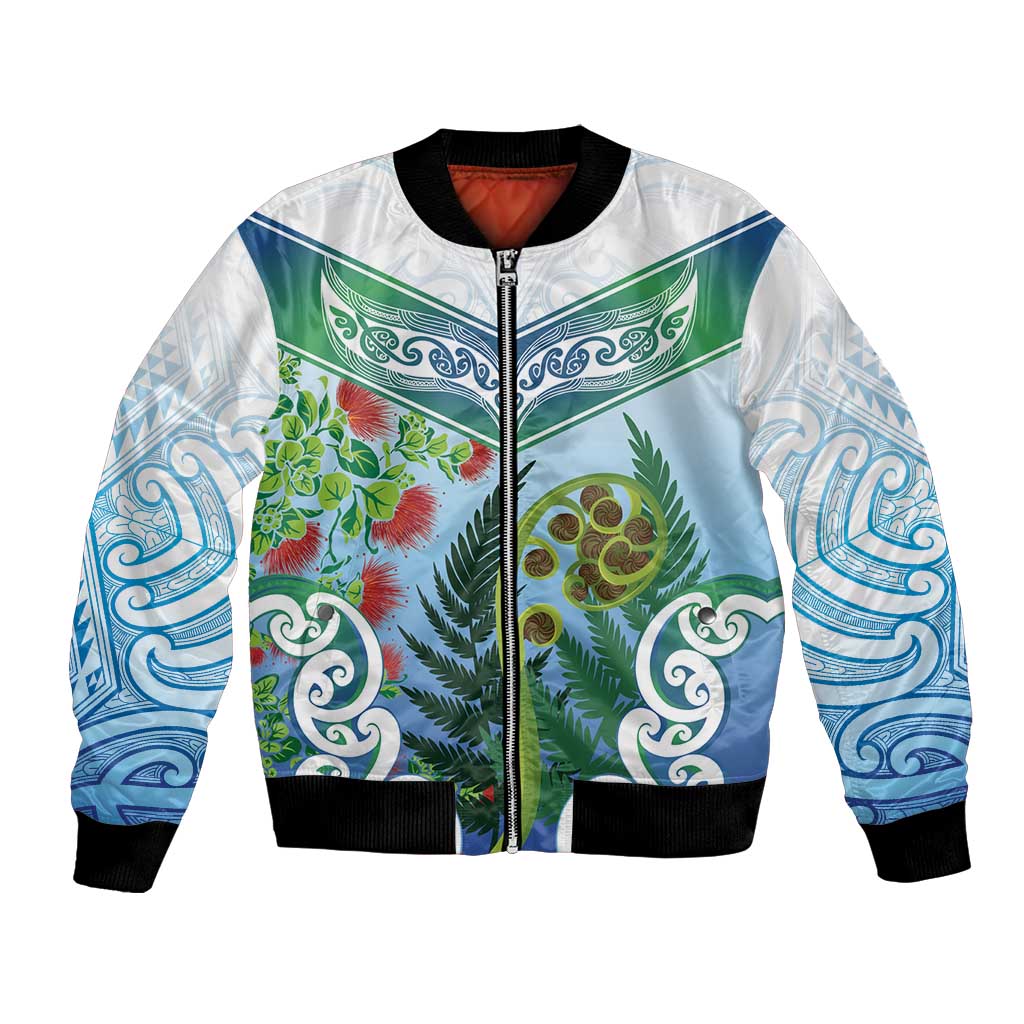 Aotearoa New Zealand Natural Plants Bomber Jacket Pohutukawa with Silver Ferns Koru Frond Maori Tattoos LT03 Unisex Multicolor - Polynesian Pride