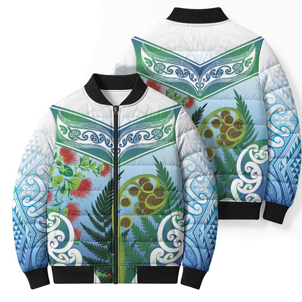 Aotearoa New Zealand Natural Plants Bomber Puffer Jacket Pohutukawa with Silver Ferns Koru Frond Maori Tattoos