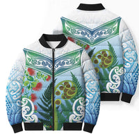 Aotearoa New Zealand Natural Plants Bomber Puffer Jacket Pohutukawa with Silver Ferns Koru Frond Maori Tattoos