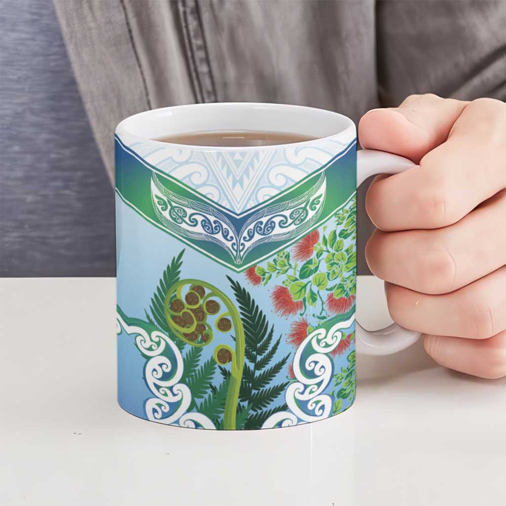 Aotearoa New Zealand Natural Plants Ceramic Mug Pohutukawa with Silver Ferns Koru Frond Maori Tattoos LT03 - Polynesian Pride