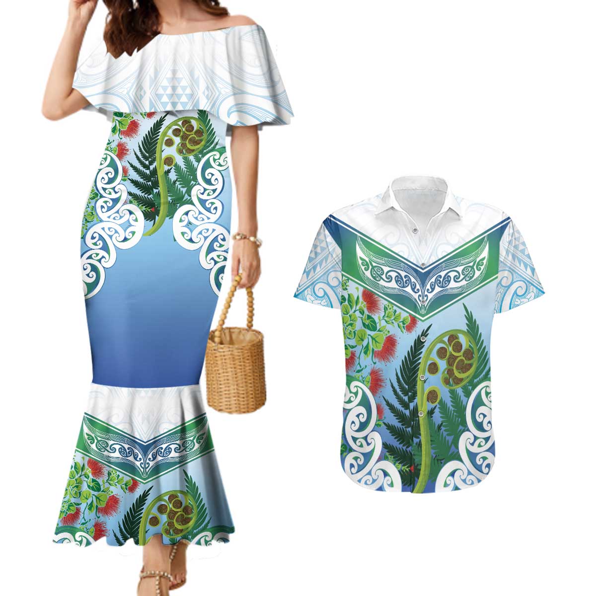 Aotearoa New Zealand Natural Plants Couples Matching Mermaid Dress and Hawaiian Shirt Pohutukawa with Silver Ferns Koru Frond Maori Tattoos LT03 Multicolor - Polynesian Pride
