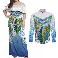Aotearoa New Zealand Natural Plants Couples Matching Off Shoulder Maxi Dress and Long Sleeve Button Shirt Pohutukawa with Silver Ferns Koru Frond Maori Tattoos LT03 Multicolor - Polynesian Pride