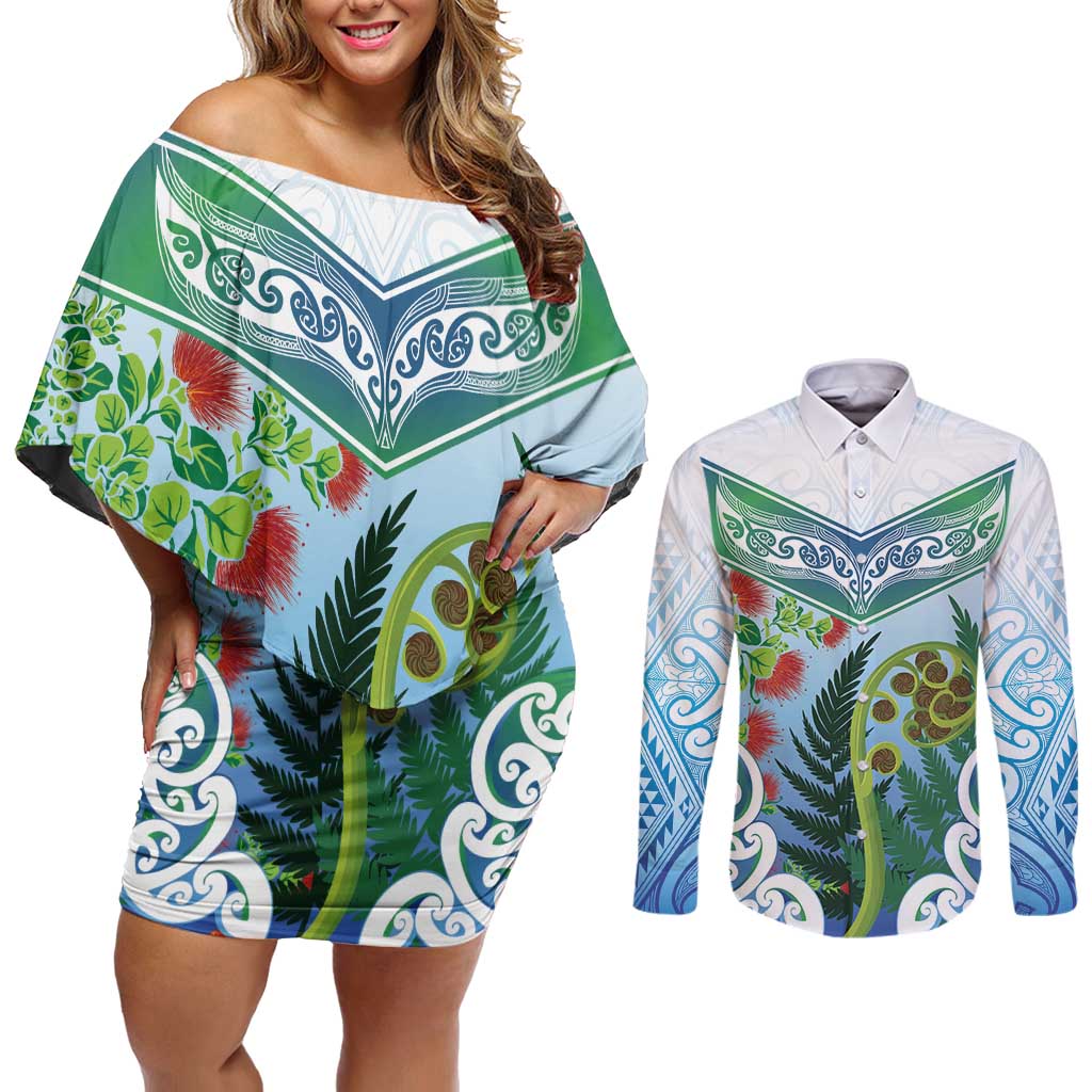 Aotearoa New Zealand Natural Plants Couples Matching Off Shoulder Short Dress and Long Sleeve Button Shirt Pohutukawa with Silver Ferns Koru Frond Maori Tattoos LT03 Multicolor - Polynesian Pride