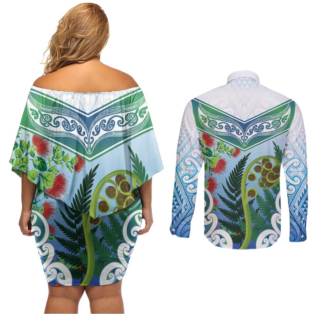 Aotearoa New Zealand Natural Plants Couples Matching Off Shoulder Short Dress and Long Sleeve Button Shirt Pohutukawa with Silver Ferns Koru Frond Maori Tattoos LT03 - Polynesian Pride