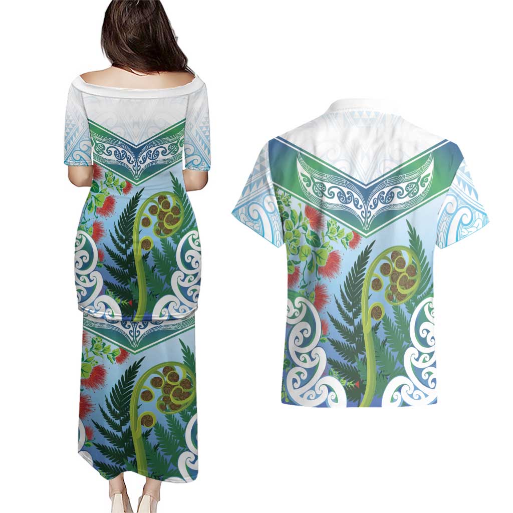 Aotearoa New Zealand Natural Plants Couples Matching Puletasi and Hawaiian Shirt Pohutukawa with Silver Ferns Koru Frond Maori Tattoos LT03 - Polynesian Pride