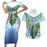 Aotearoa New Zealand Natural Plants Couples Matching Short Sleeve Bodycon Dress and Hawaiian Shirt Pohutukawa with Silver Ferns Koru Frond Maori Tattoos LT03 Multicolor - Polynesian Pride